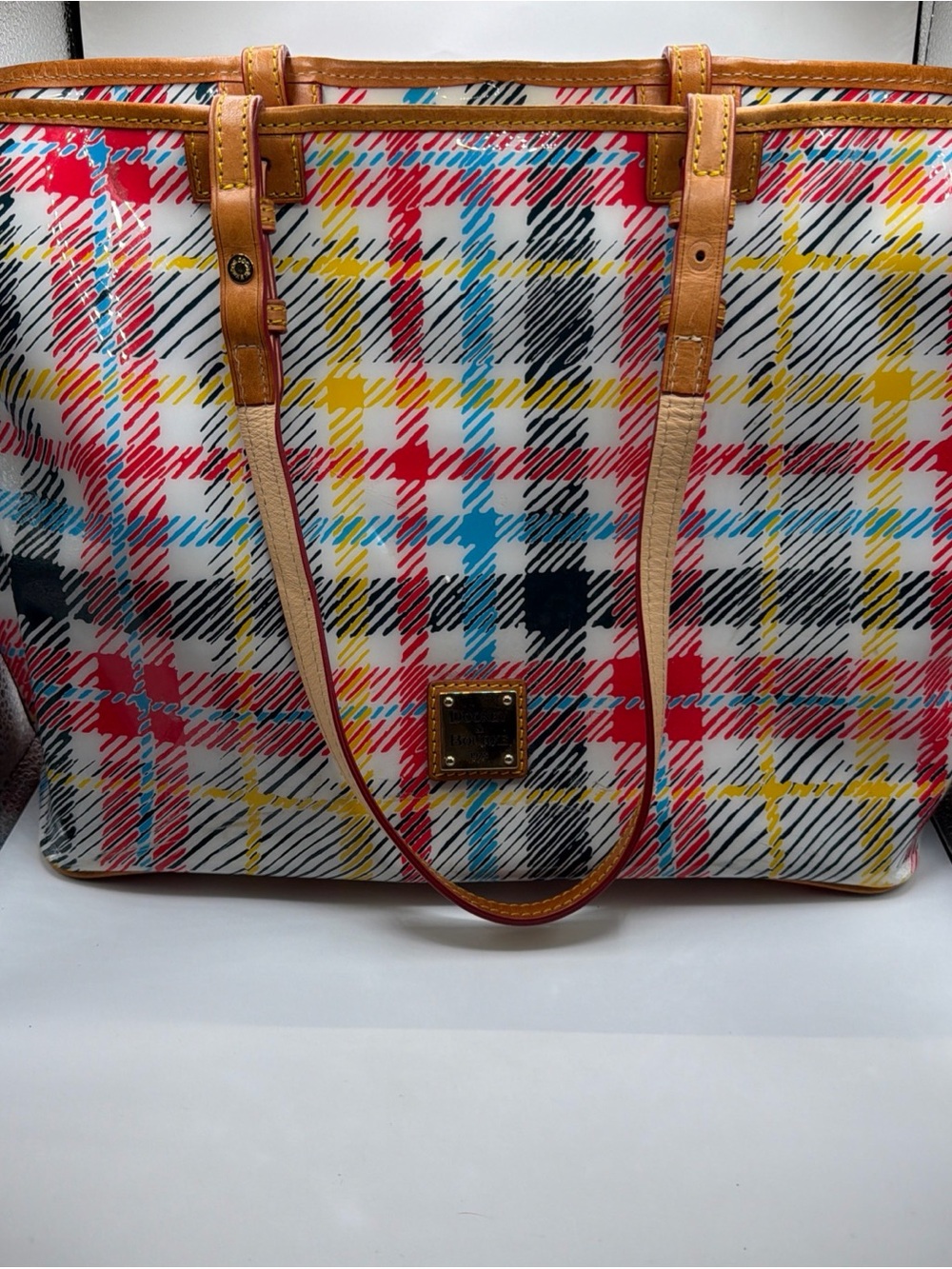 Dooney & Bourke Plaid Patent Chatham Vinyl & Leather Large Tote Bag Zip Top